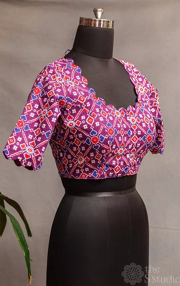 Purple printed cotton readymade blouse with scallop neck and sleeve