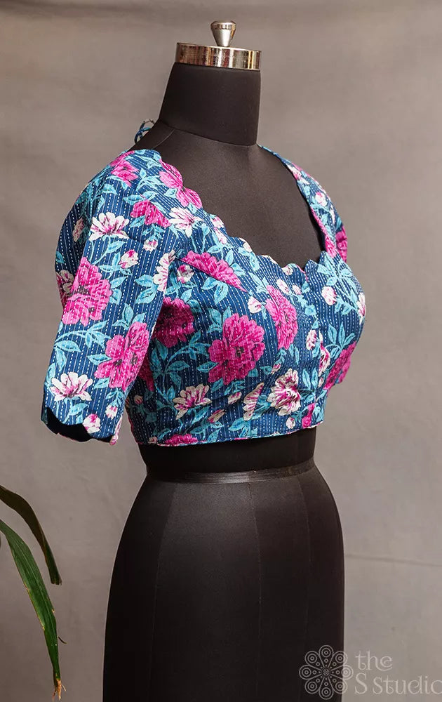 Blue and pink floral printed cotton readymade blouse with scallop neck and sleeve