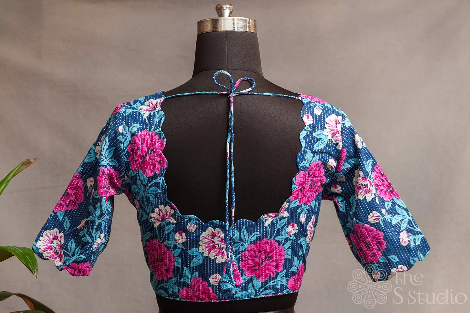 Blue and pink floral printed cotton readymade blouse with scallop neck and sleeve