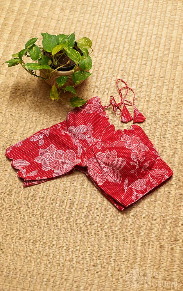 Red floral printed cotton readymade blouse