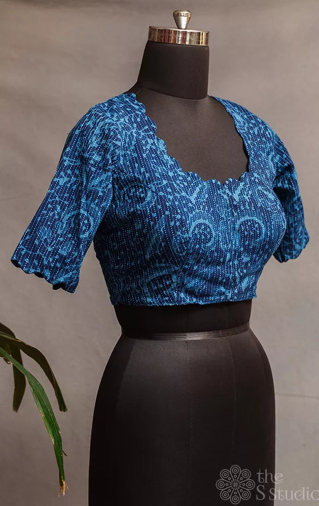 Navy blue printed cotton readymade blouse with scallop neck and sleeve