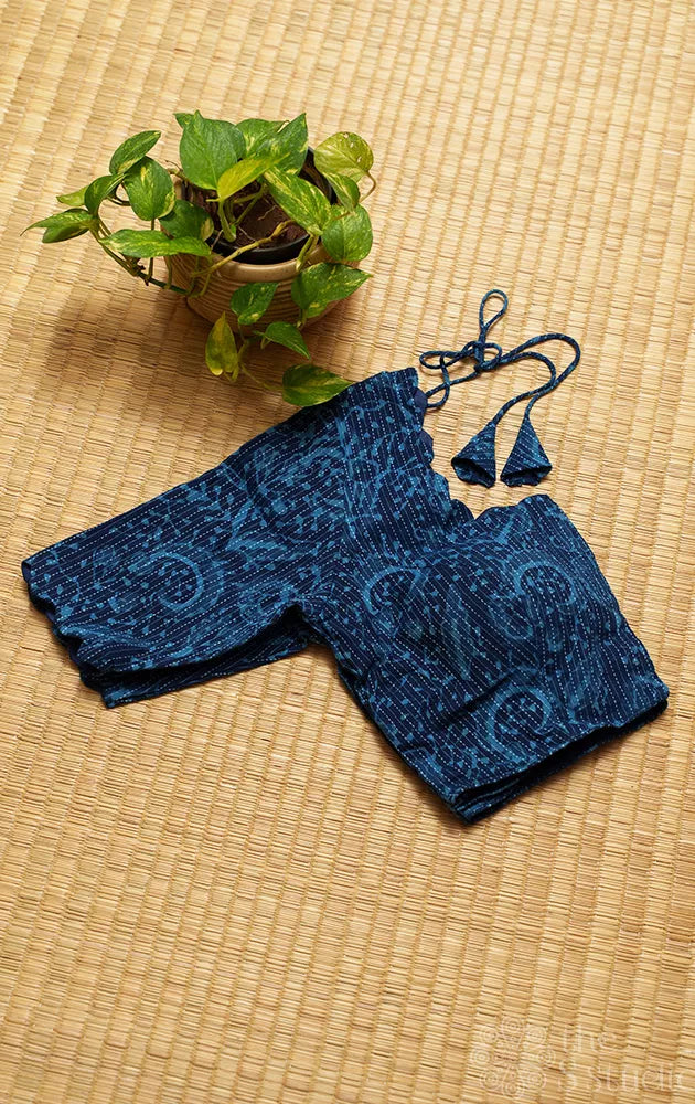 Navy blue printed cotton readymade blouse with scallop neck and sleeve