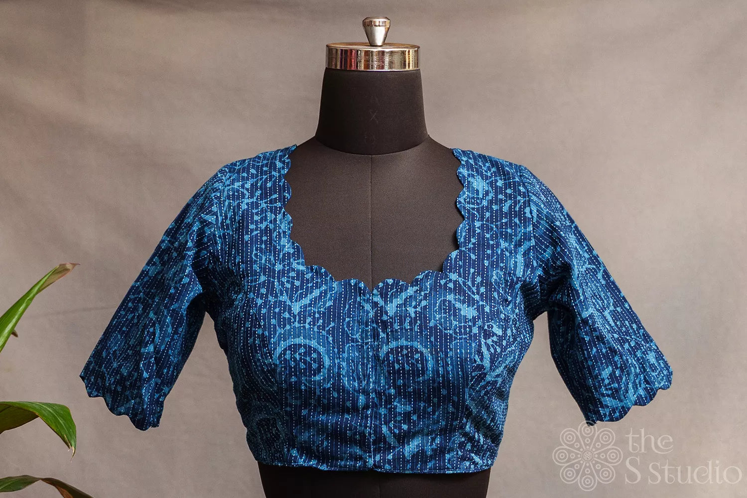 Navy blue printed cotton readymade blouse with scallop neck and sleeve