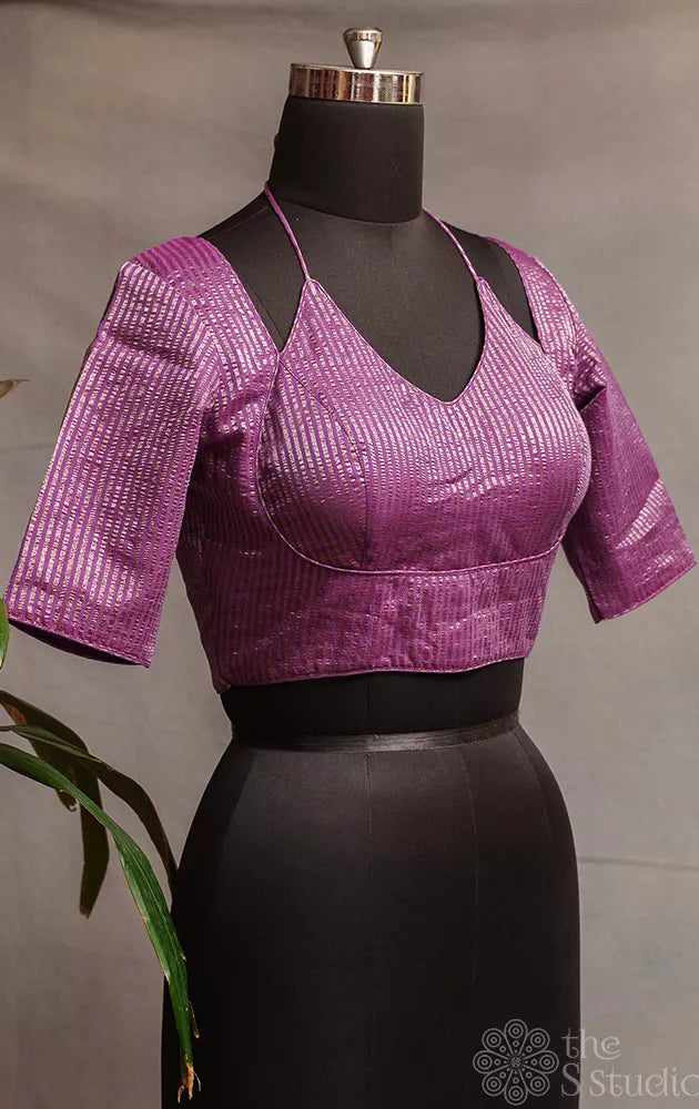 Purple semi silk readymade blouse with zari stripes