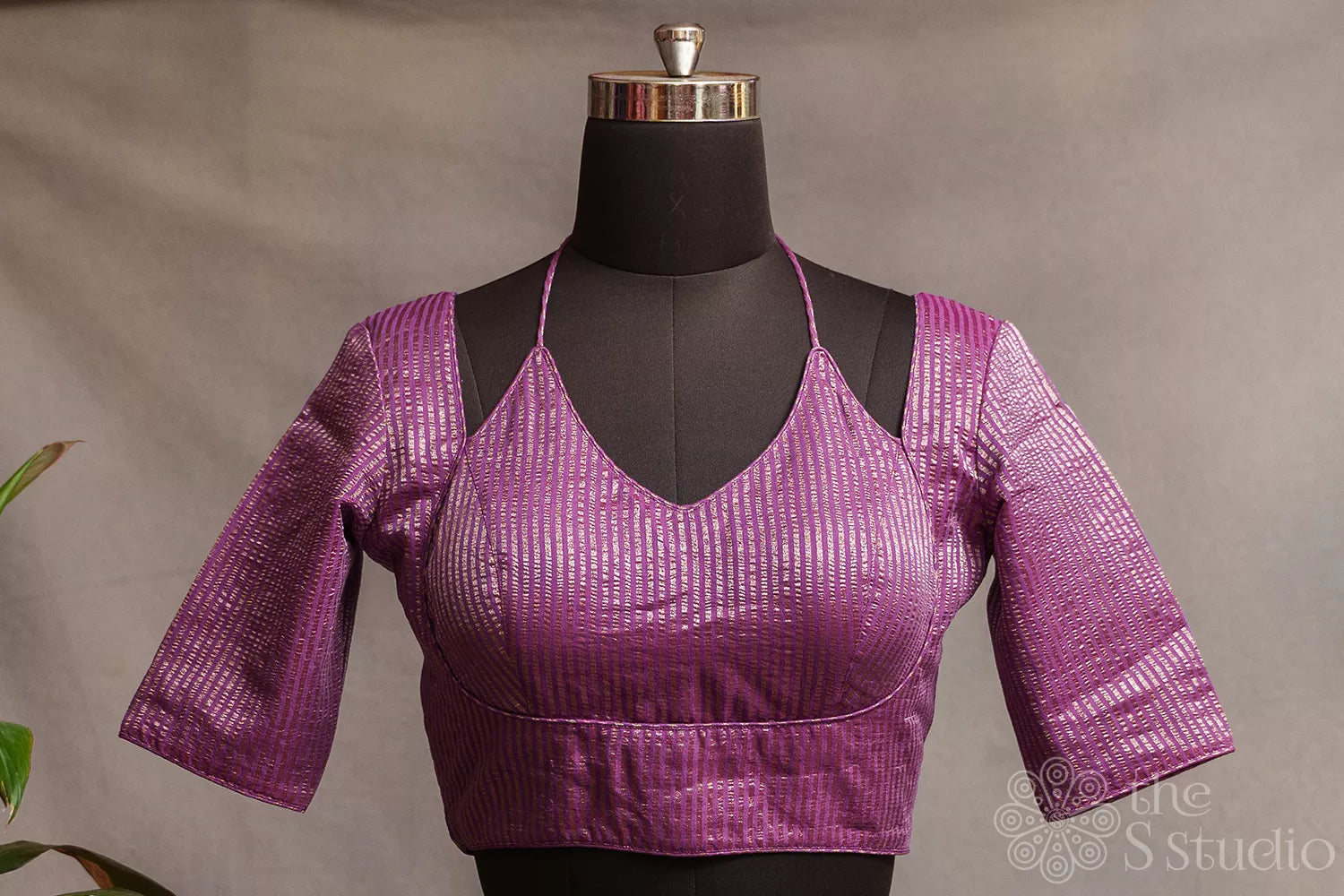 Purple semi silk readymade blouse with zari stripes
