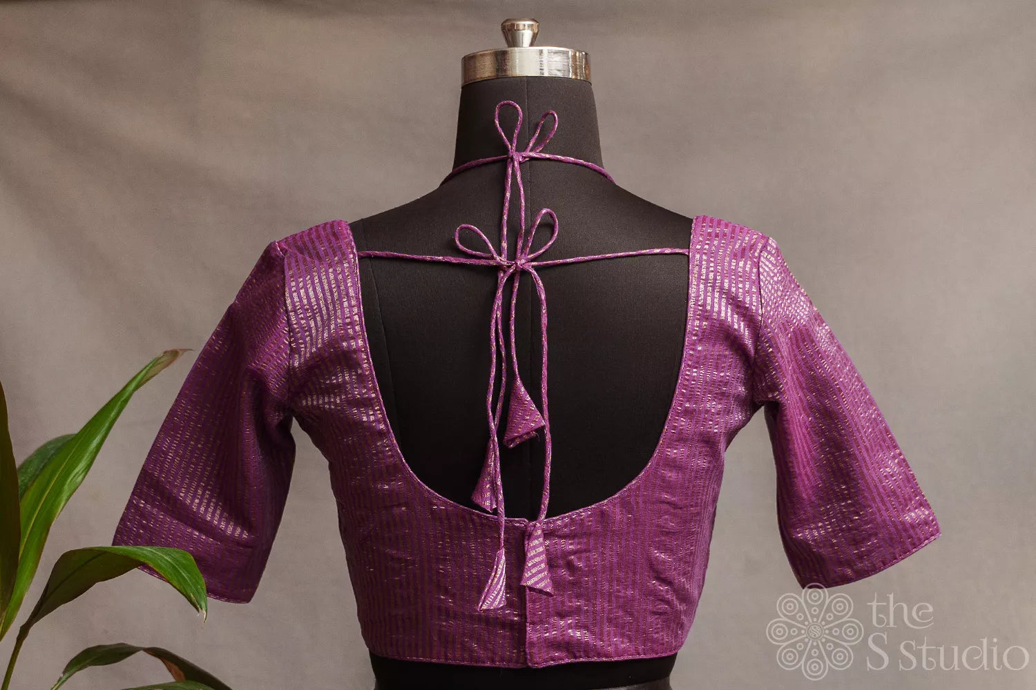 Purple semi silk readymade blouse with zari stripes