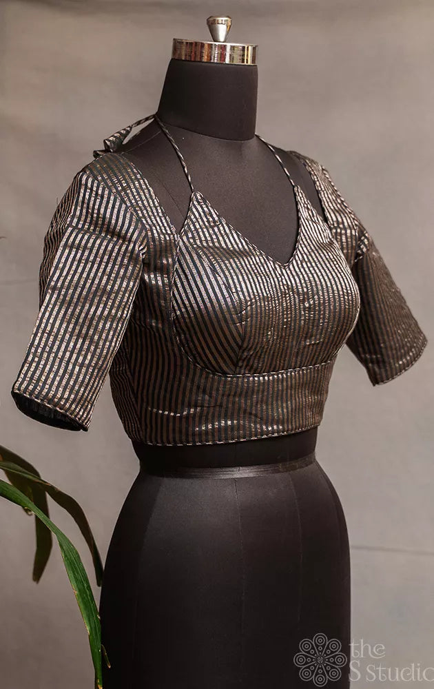 Black semi silk readymade blouse with zari stripes