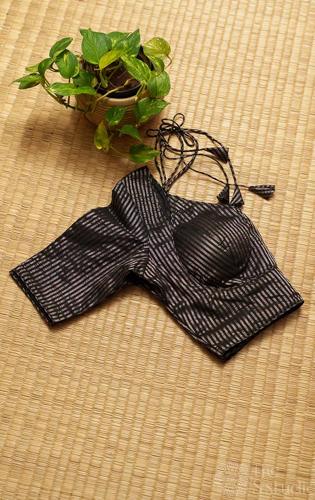 Black semi silk readymade blouse with zari stripes