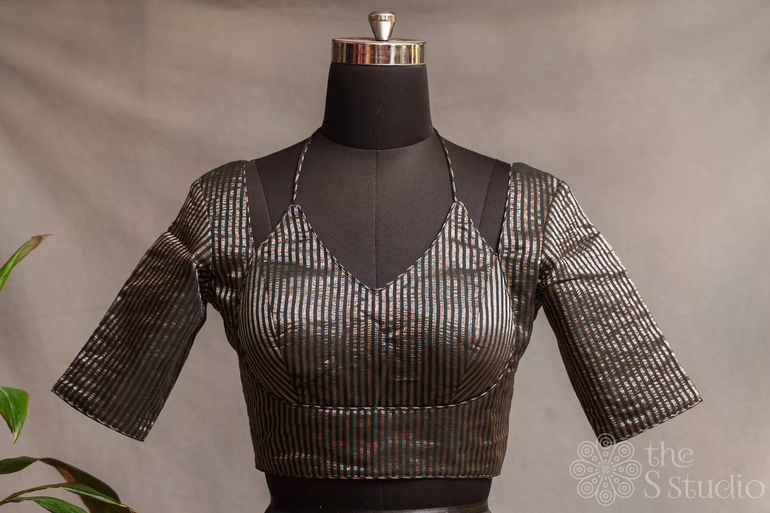 Black semi silk readymade blouse with zari stripes