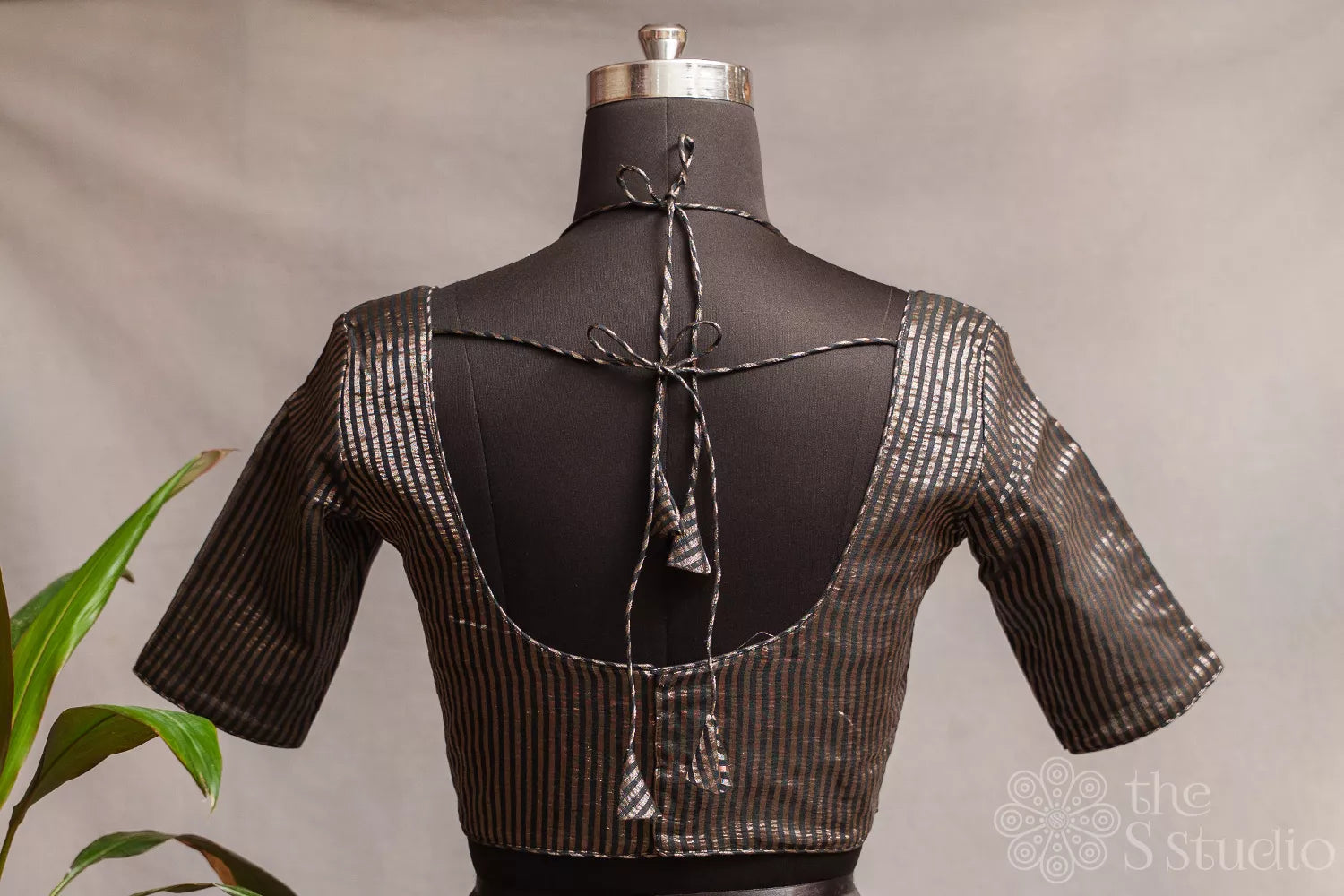 Black semi silk readymade blouse with zari stripes