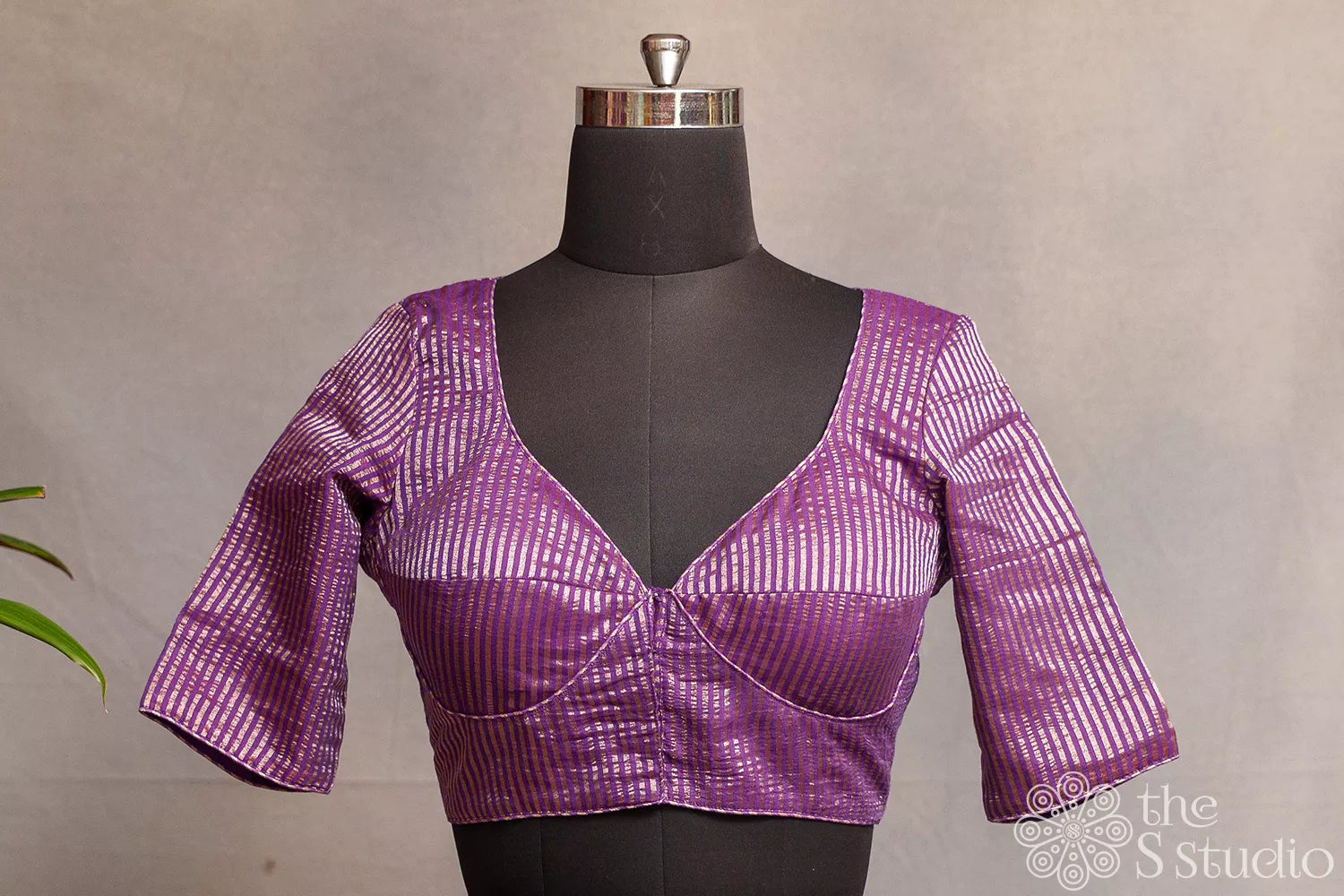 Magenta Purple Semi silk readymade blouse with fine zari lines