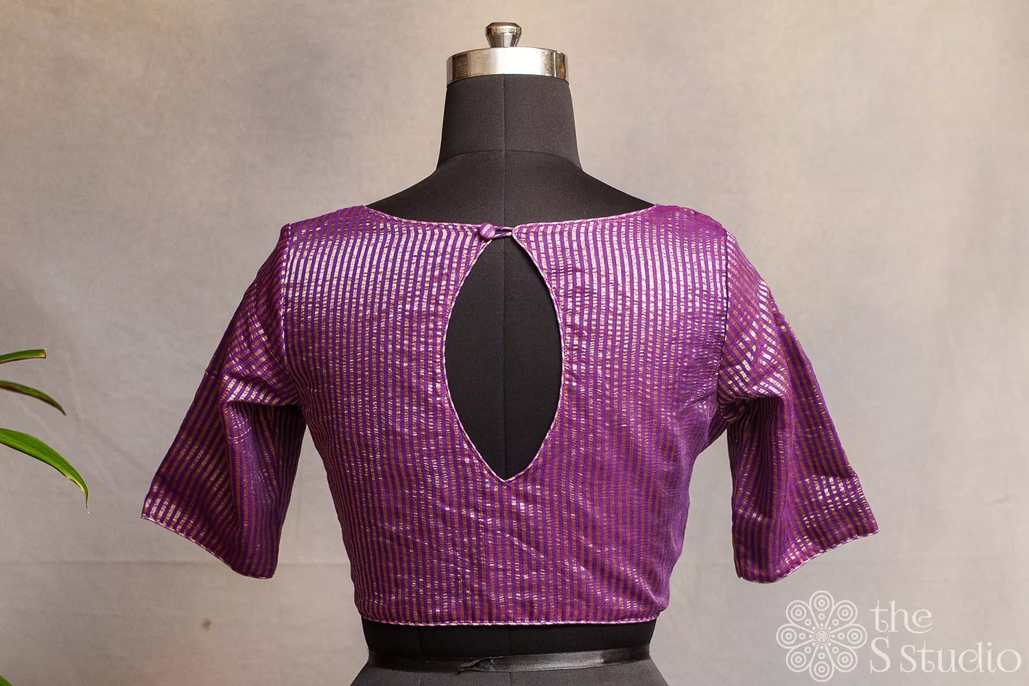 Magenta Purple Semi silk readymade blouse with fine zari lines