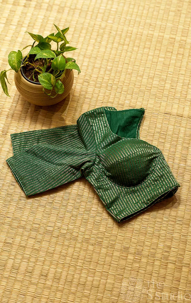 Dark Green Semi silk readymade blouse with zari lines