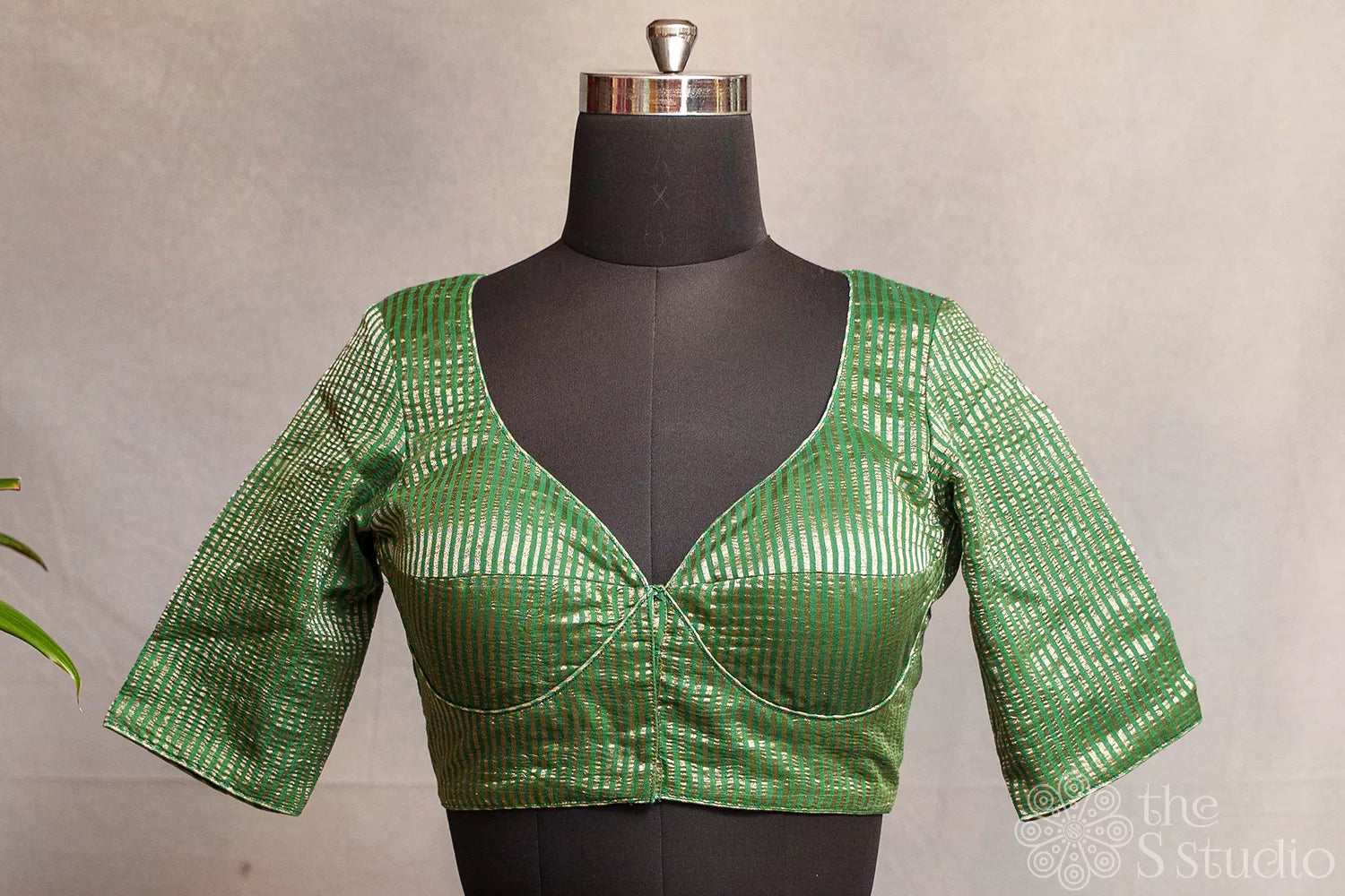 Dark Green Semi silk readymade blouse with zari lines