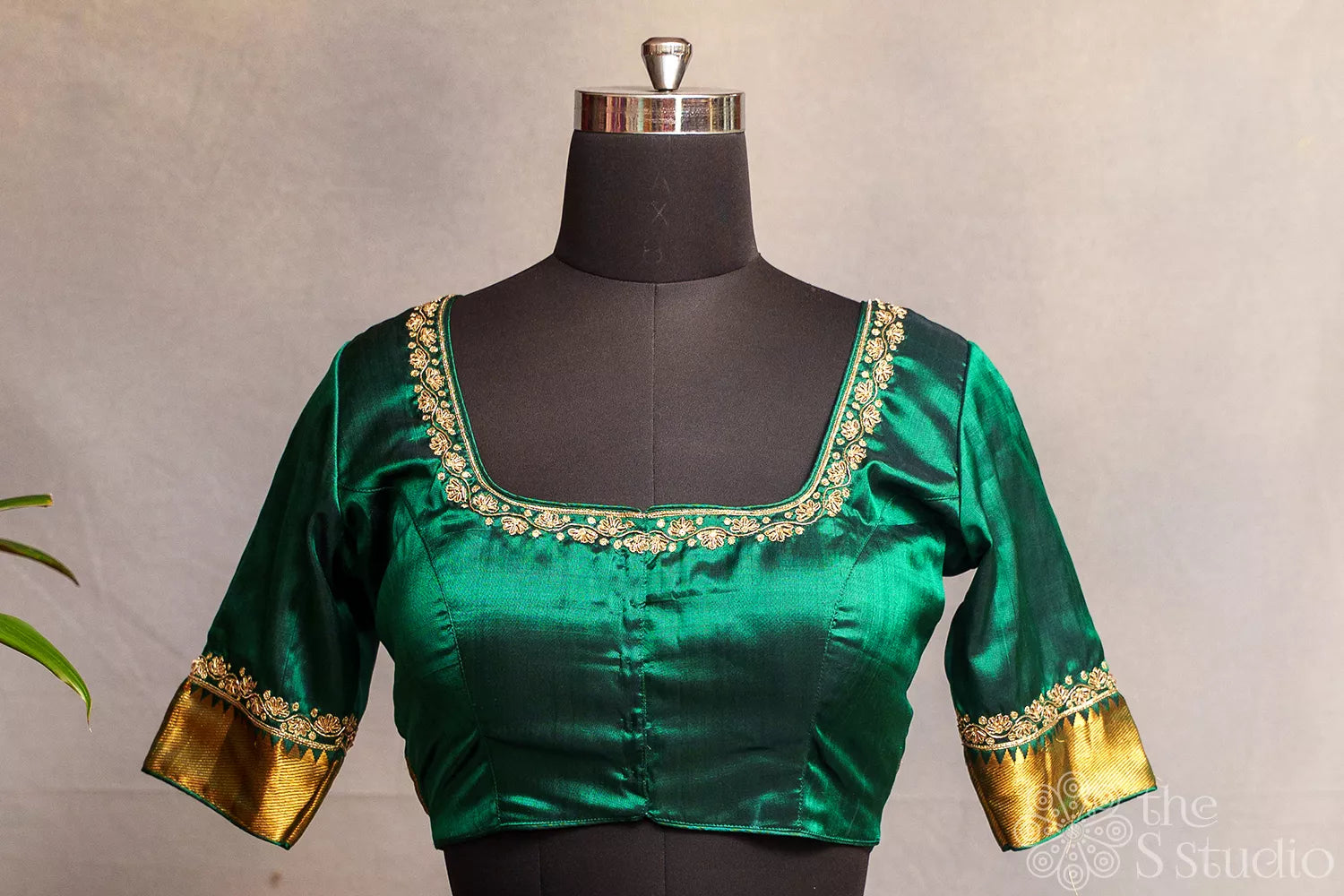 Bottle Green pure silk readymade blouse with hand aari work embroidery