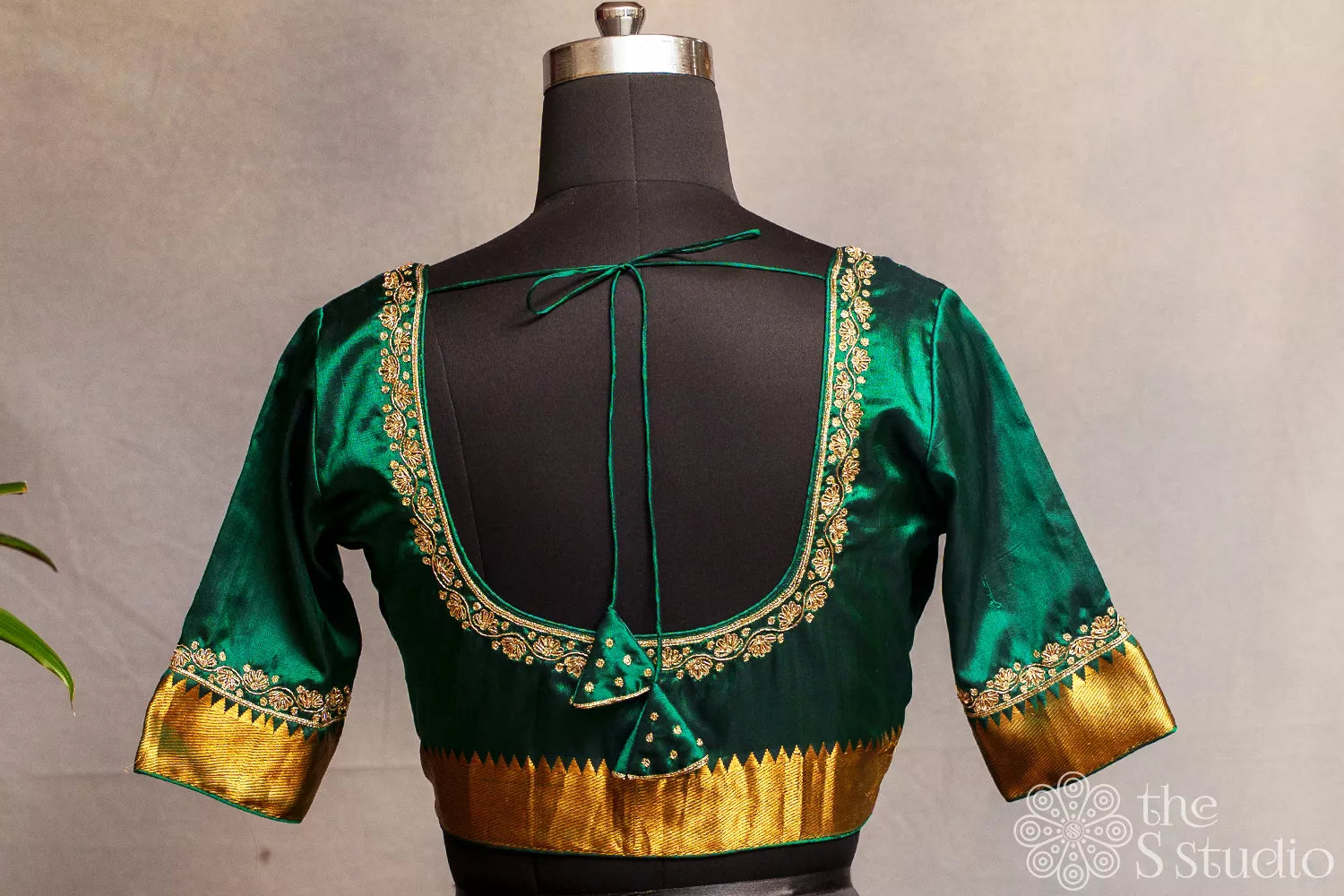 Bottle Green pure silk readymade blouse with hand aari work embroidery