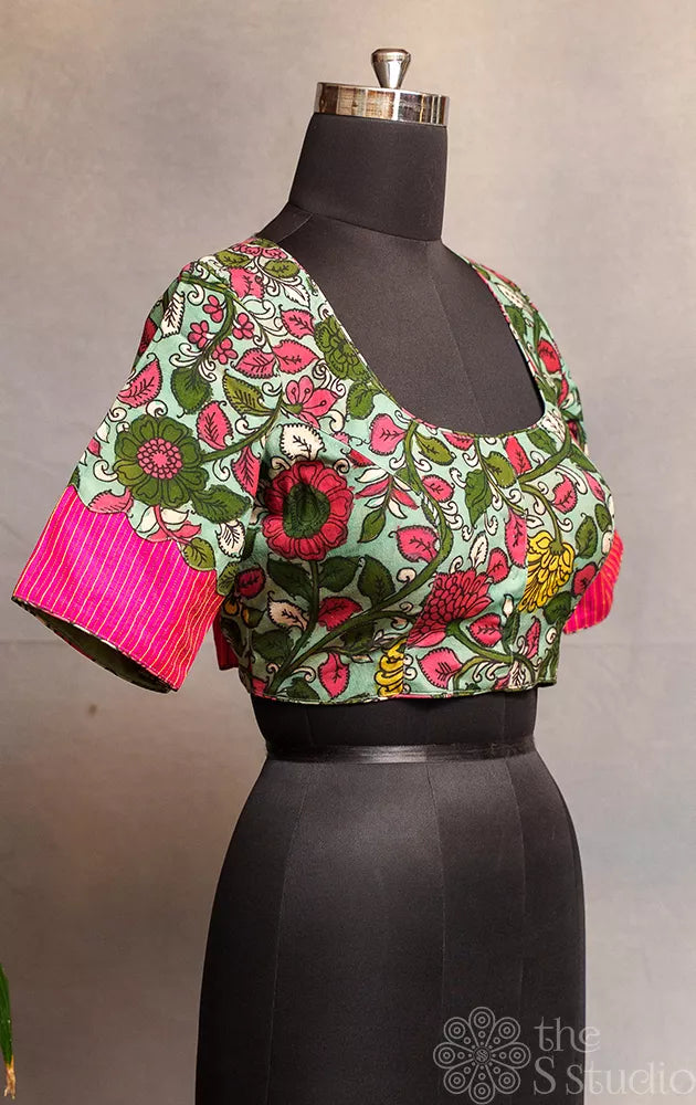 Mint Green Light weight silk readymade blouse with hand painted pen kalamkari