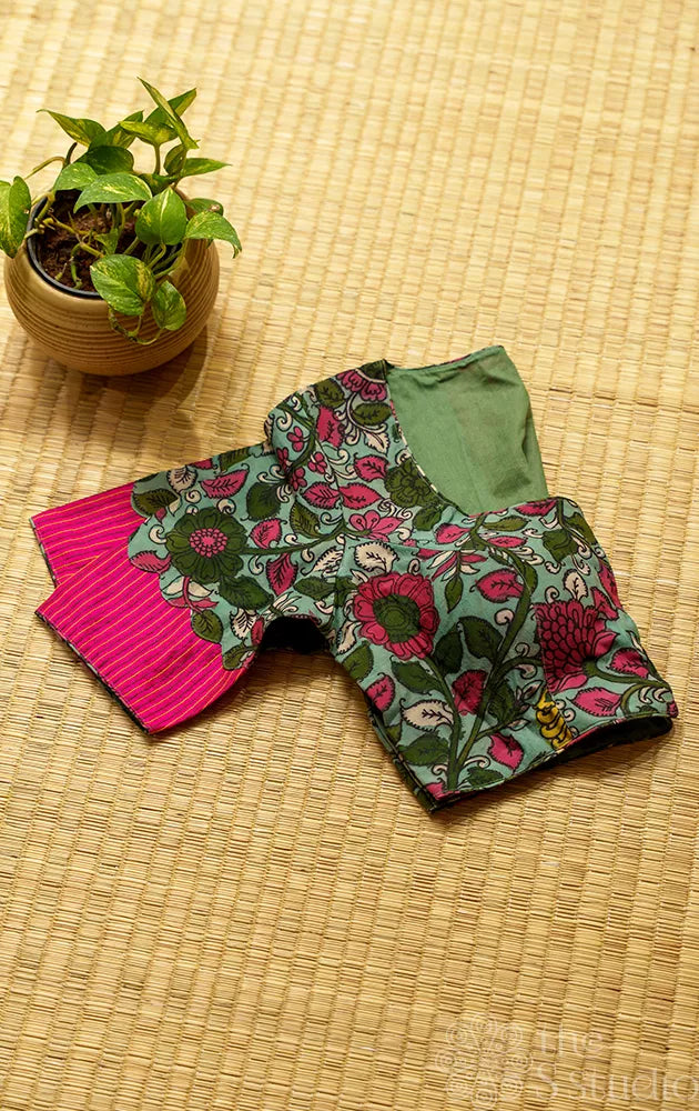 Mint Green Light weight silk readymade blouse with hand painted pen kalamkari