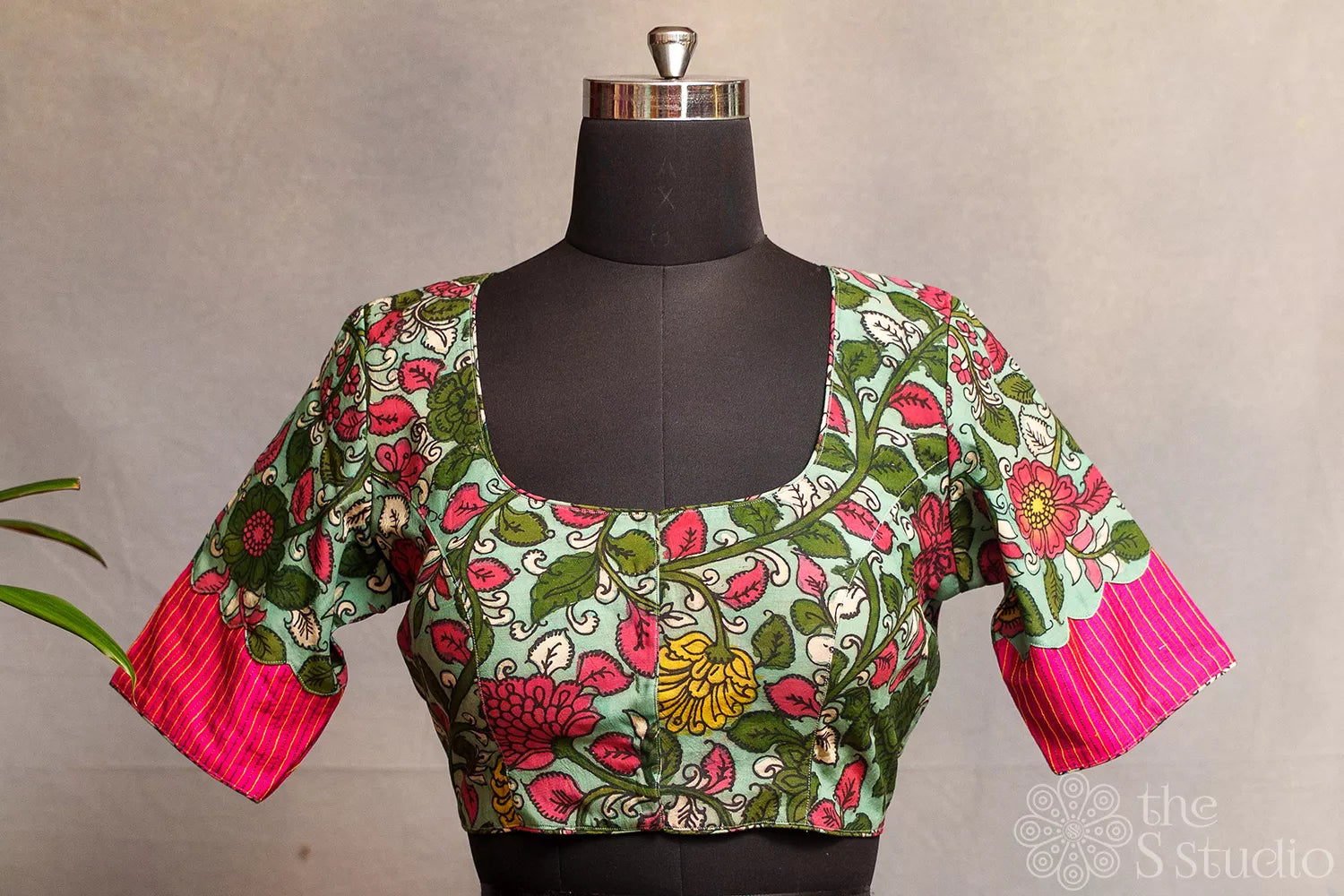 Mint Green Light weight silk readymade blouse with hand painted pen kalamkari
