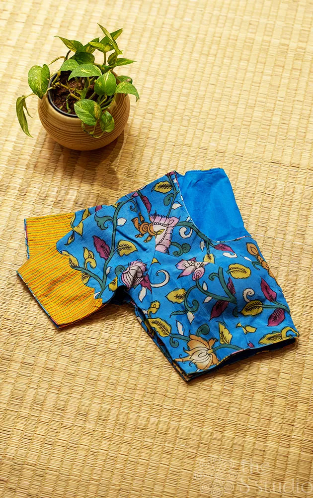 Blue Light weight silk readymade blouse with vibrant hand painted kalamkari