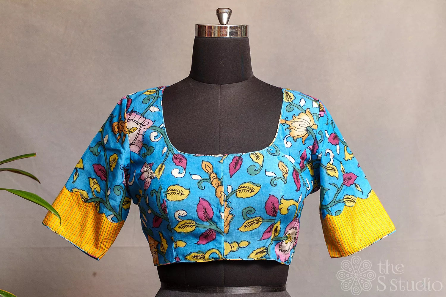 Blue Light weight silk readymade blouse with vibrant hand painted kalamkari