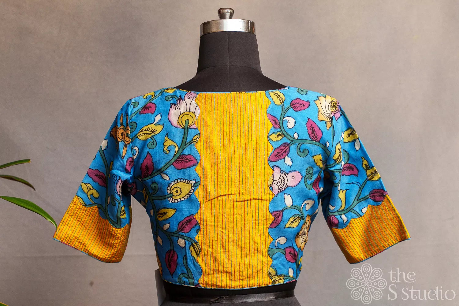 Blue Light weight silk readymade blouse with vibrant hand painted kalamkari