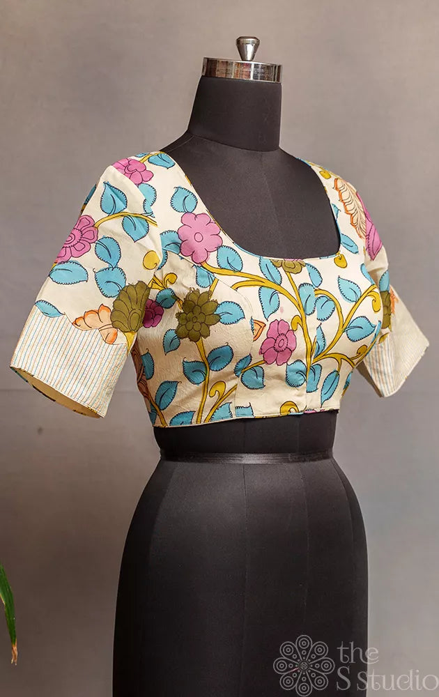 Off White Light weight silk readymade blouse with multicolour hand painted kalamkari