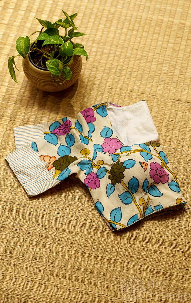 Off White Light weight silk readymade blouse with multicolour hand painted kalamkari