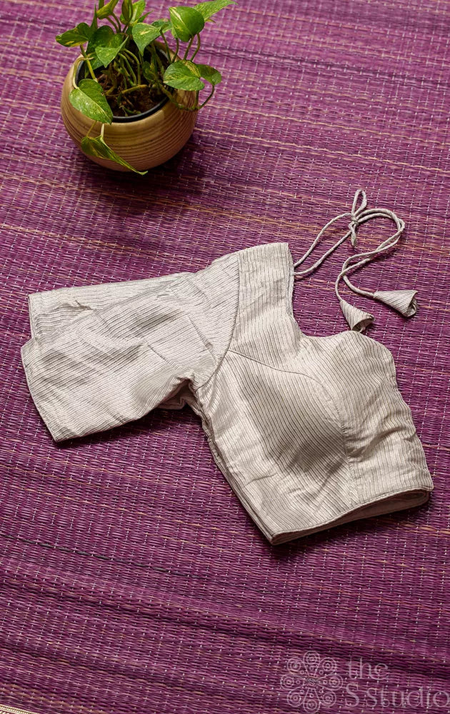 Silver grey Tissue readymade blouse with elbow sleeves