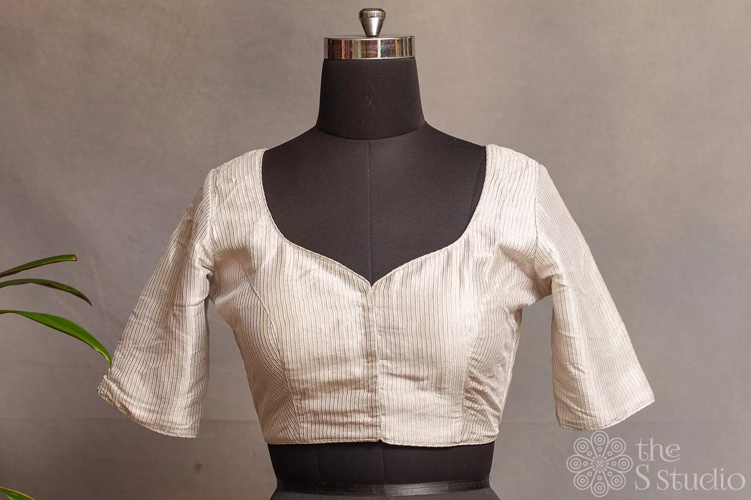 Silver grey Tissue readymade blouse with elbow sleeves