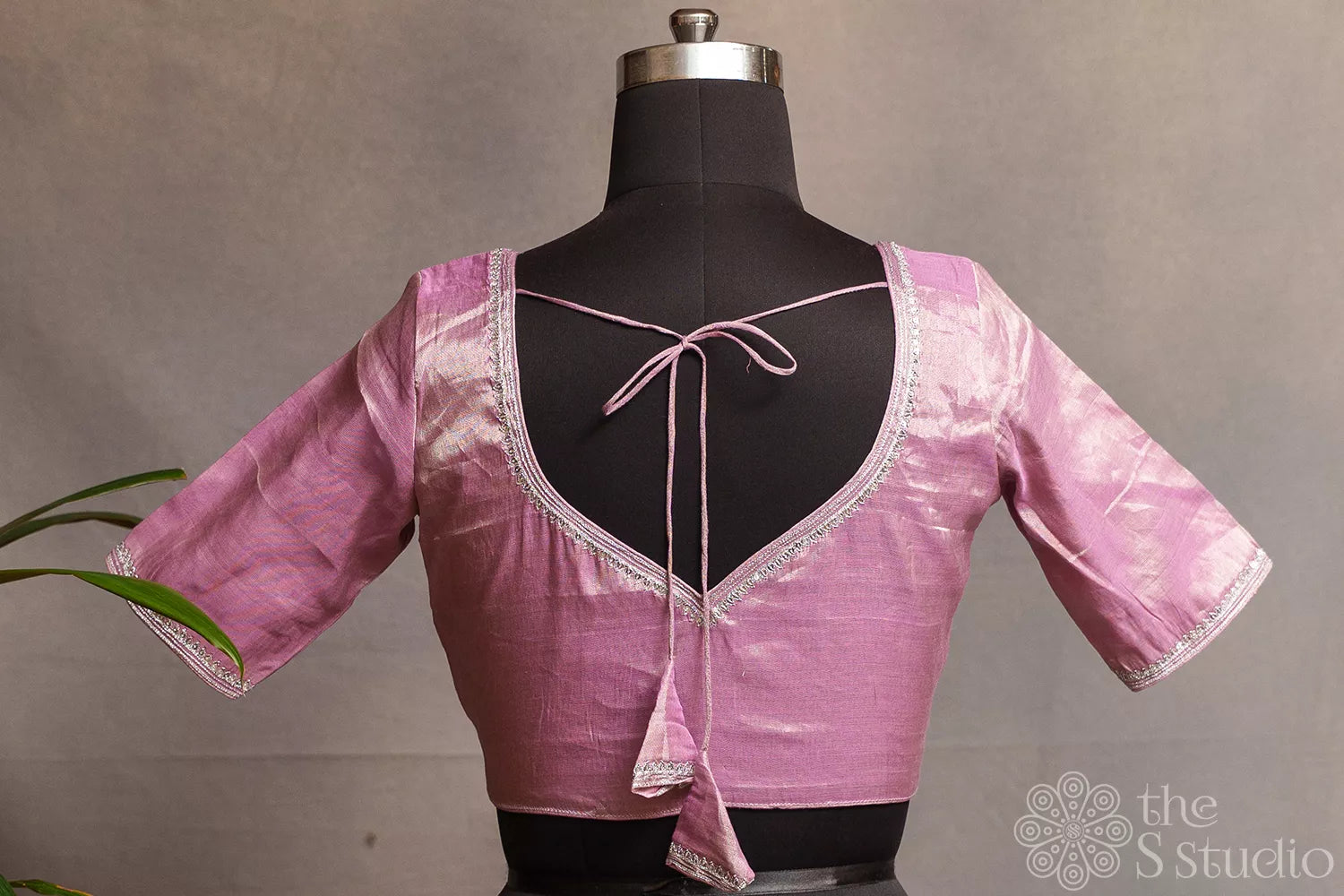 Light Pink Chanderi tissue readymade blouse with hand embroidery