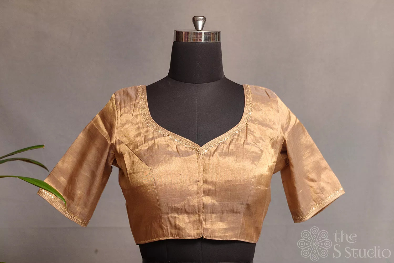 Golden Chanderi tissue readymade blouse with hand embroidery