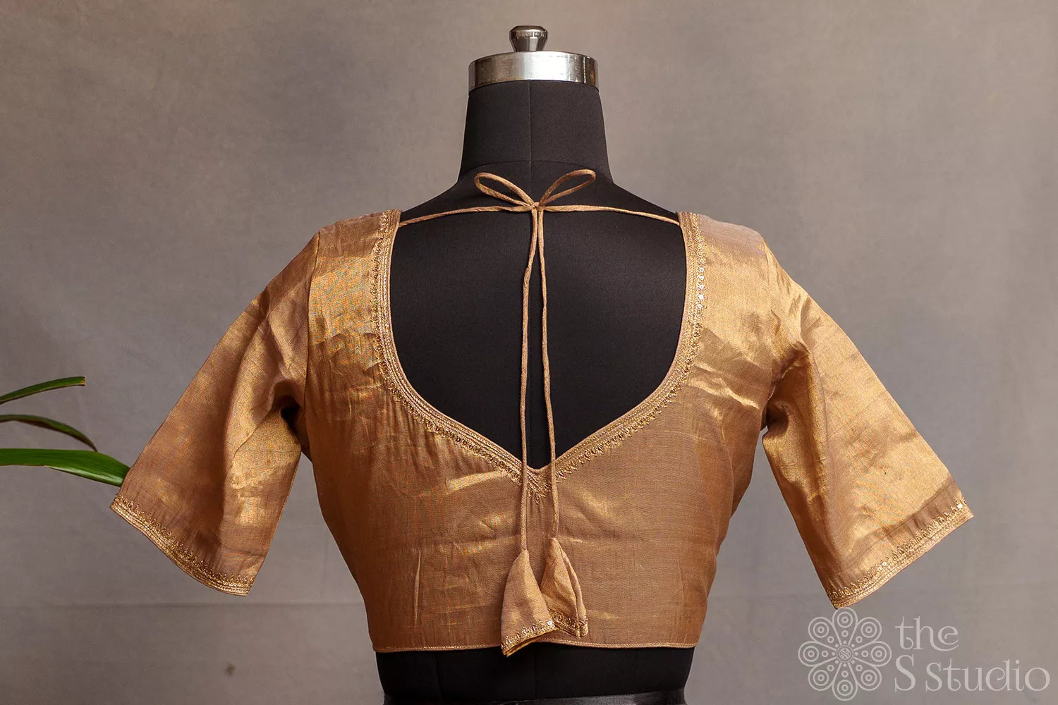 Golden Chanderi tissue readymade blouse with hand embroidery
