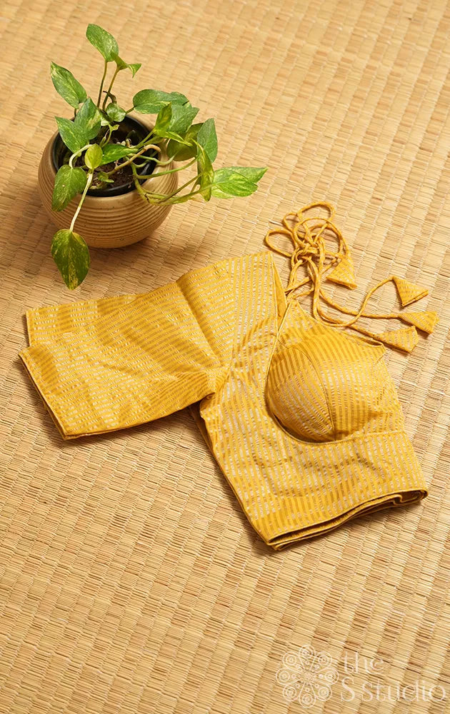 Mustard semi silk readymade blouse with zari stripes