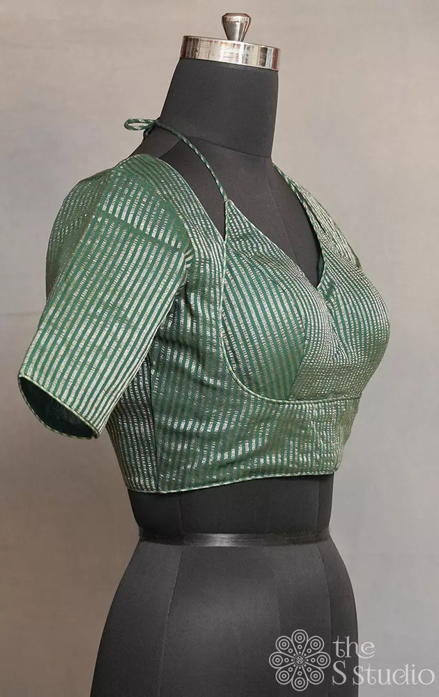 Bottle green semi silk readymade blouse with zari stripes