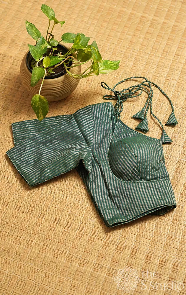 Bottle green semi silk readymade blouse with zari stripes