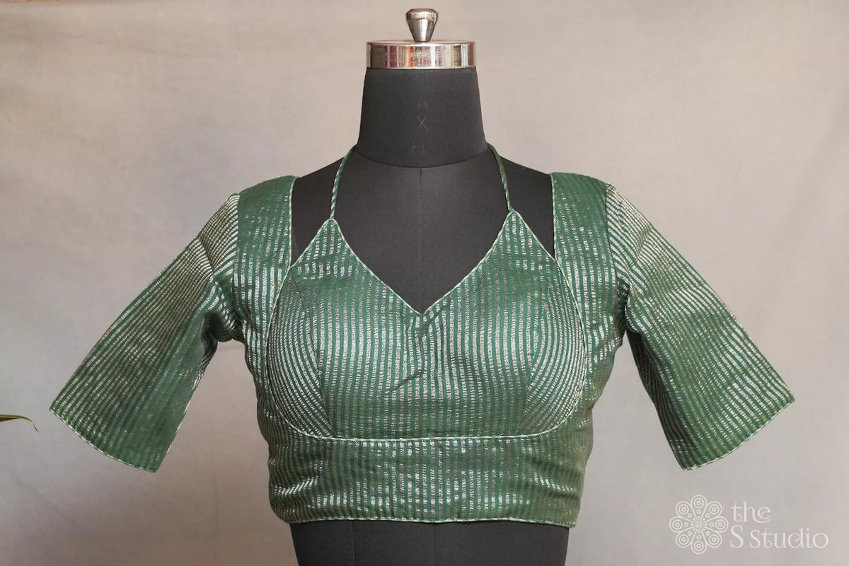 Bottle green semi silk readymade blouse with zari stripes