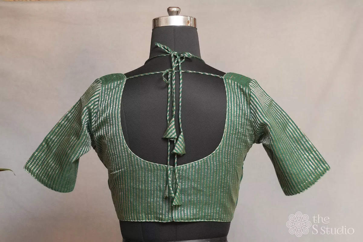 Bottle green semi silk readymade blouse with zari stripes