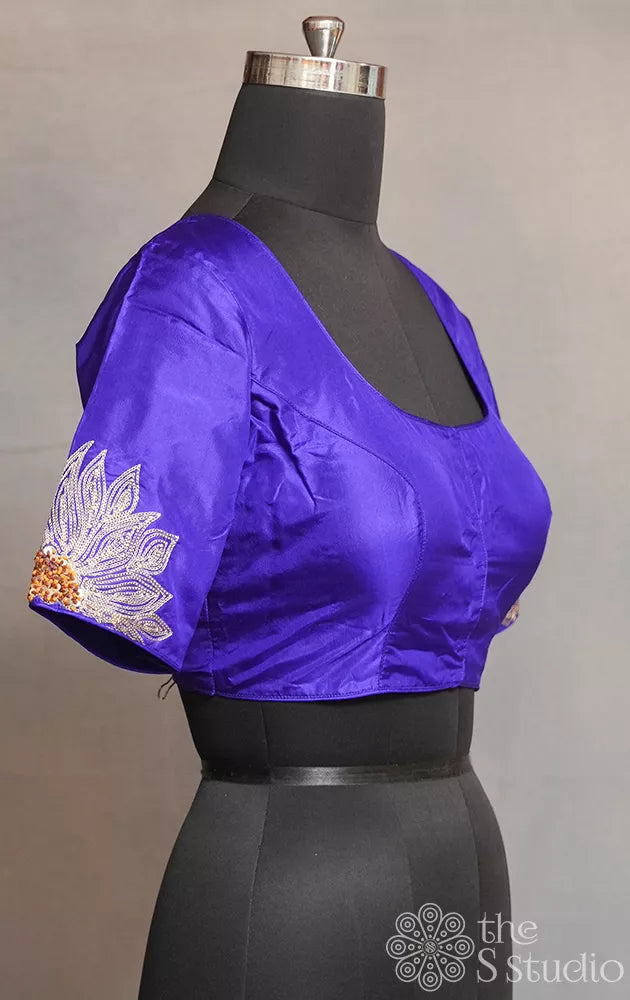 Violet semi silk readymade blouse with floral embroidery