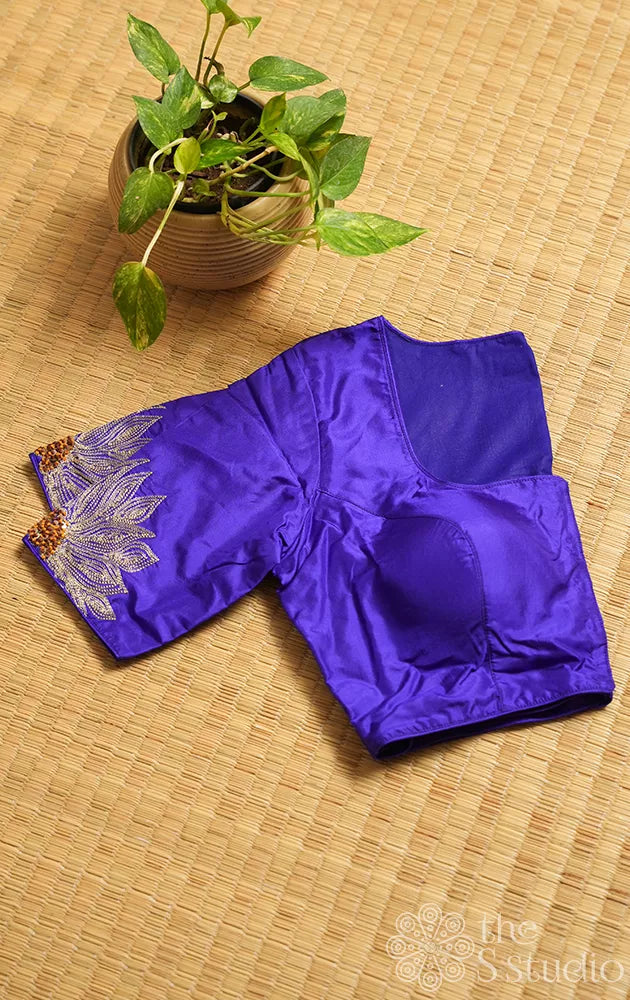 Violet semi silk readymade blouse with floral embroidery