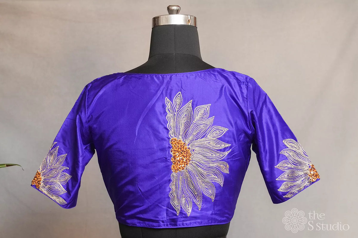 Violet semi silk readymade blouse with floral embroidery