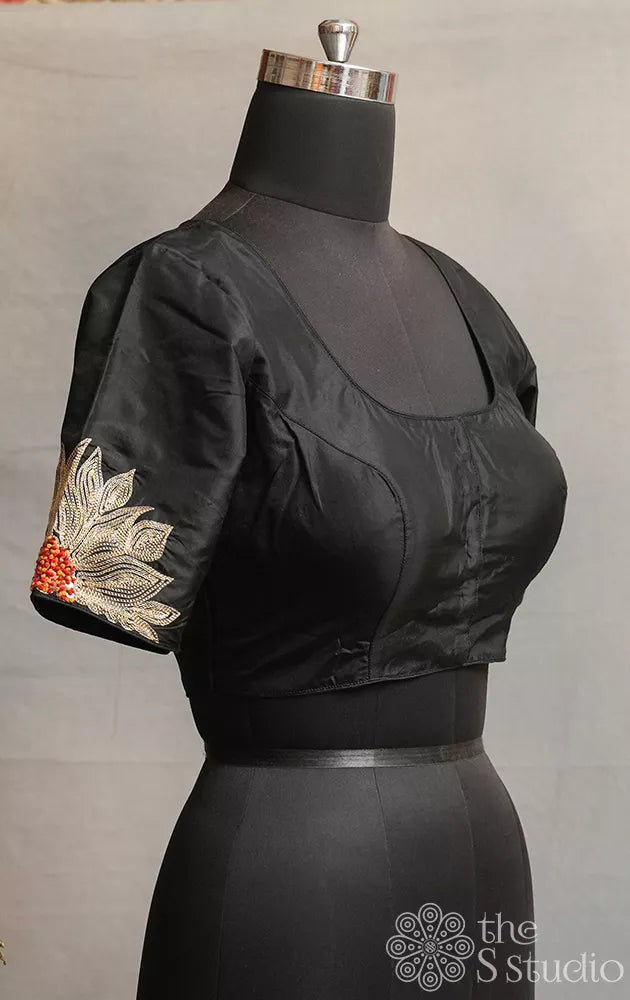 Black semi silk readymade blouse with floral embroidery