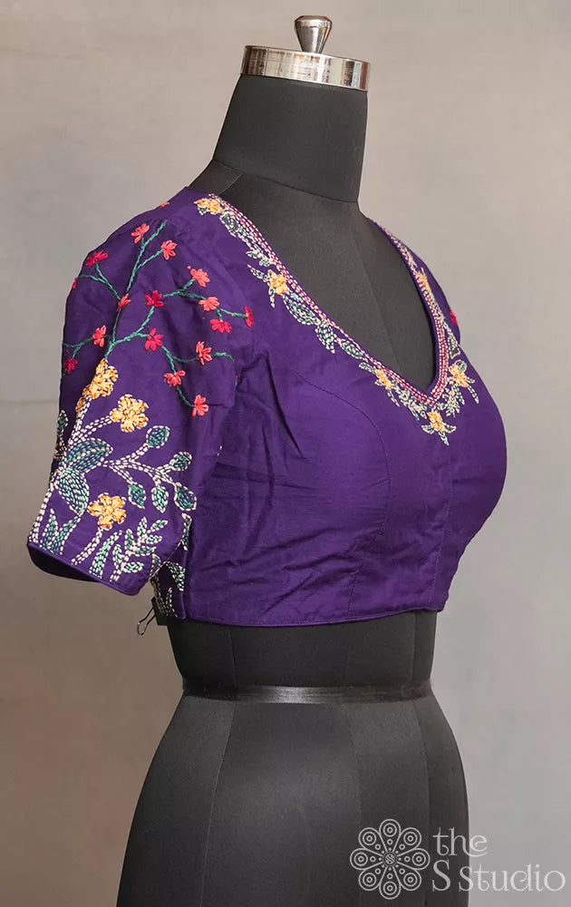 Violet cotton readymade blouse with kantha embroidery
