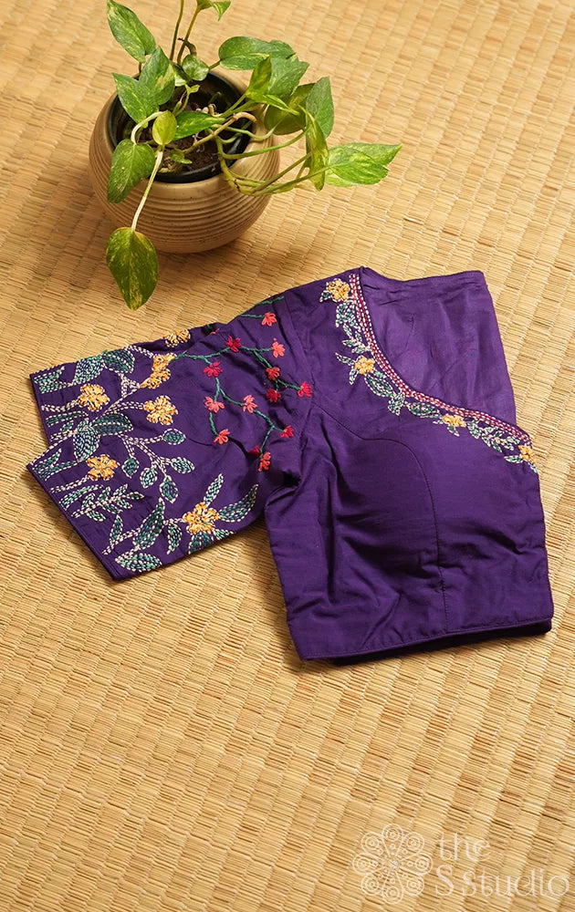 Violet cotton readymade blouse with kantha embroidery