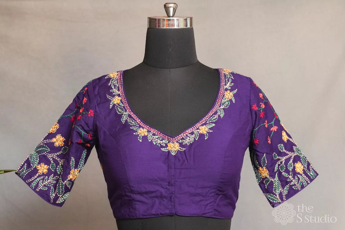 Violet cotton readymade blouse with kantha embroidery