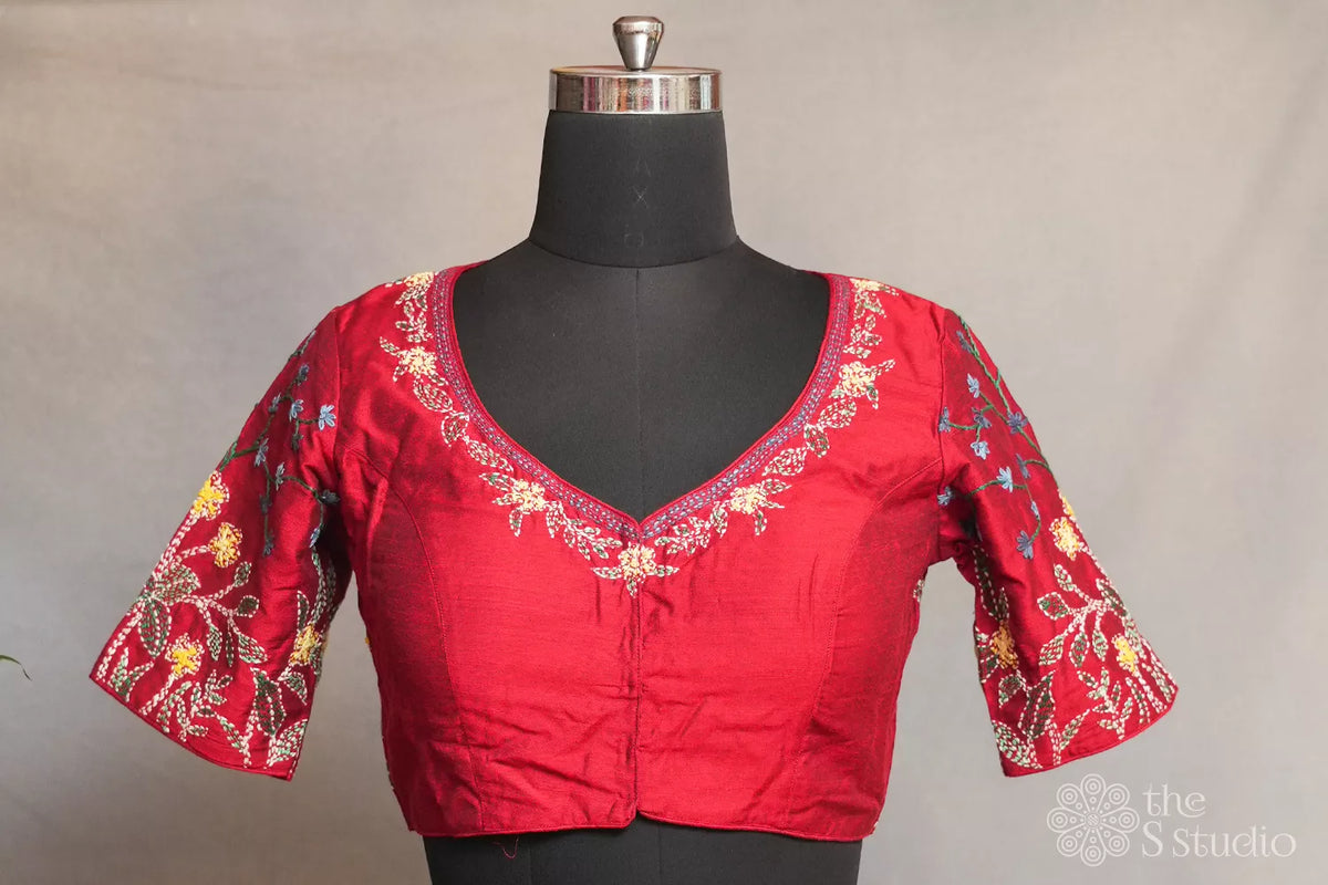 Maroon cotton readymade blouse with kantha embroidery
