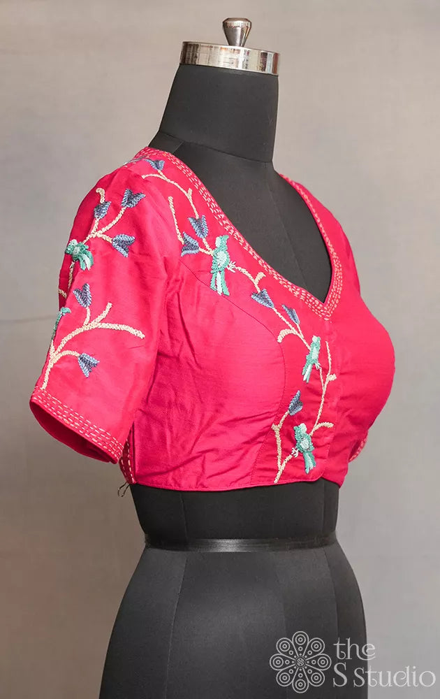 Pink cotton readymade blouse with bird embroidery