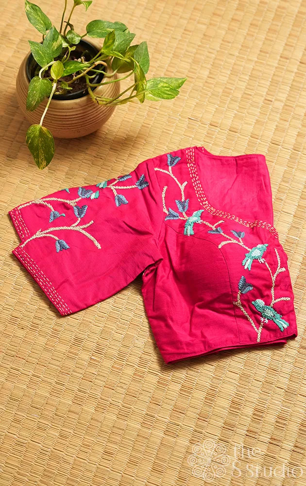 Pink cotton readymade blouse with bird embroidery