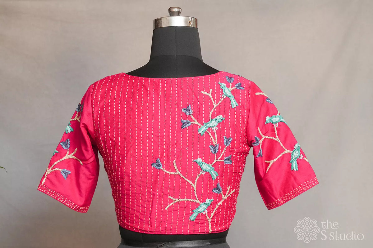 Pink cotton readymade blouse with bird embroidery