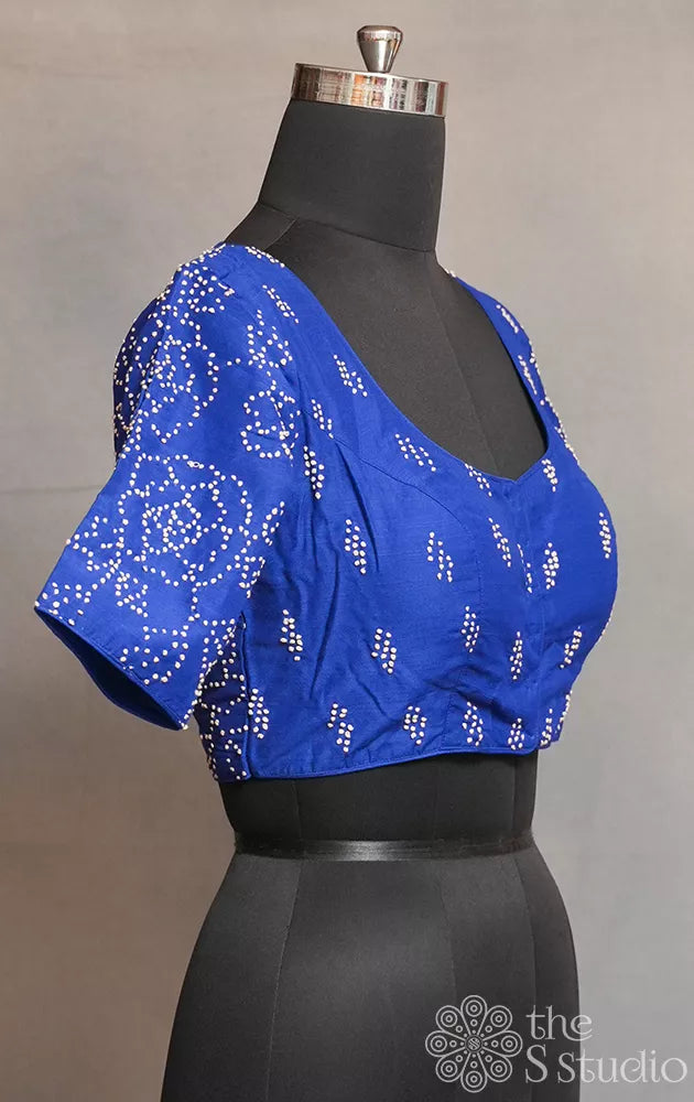 Blue cotton readymade blouse with french knot floral embroidery